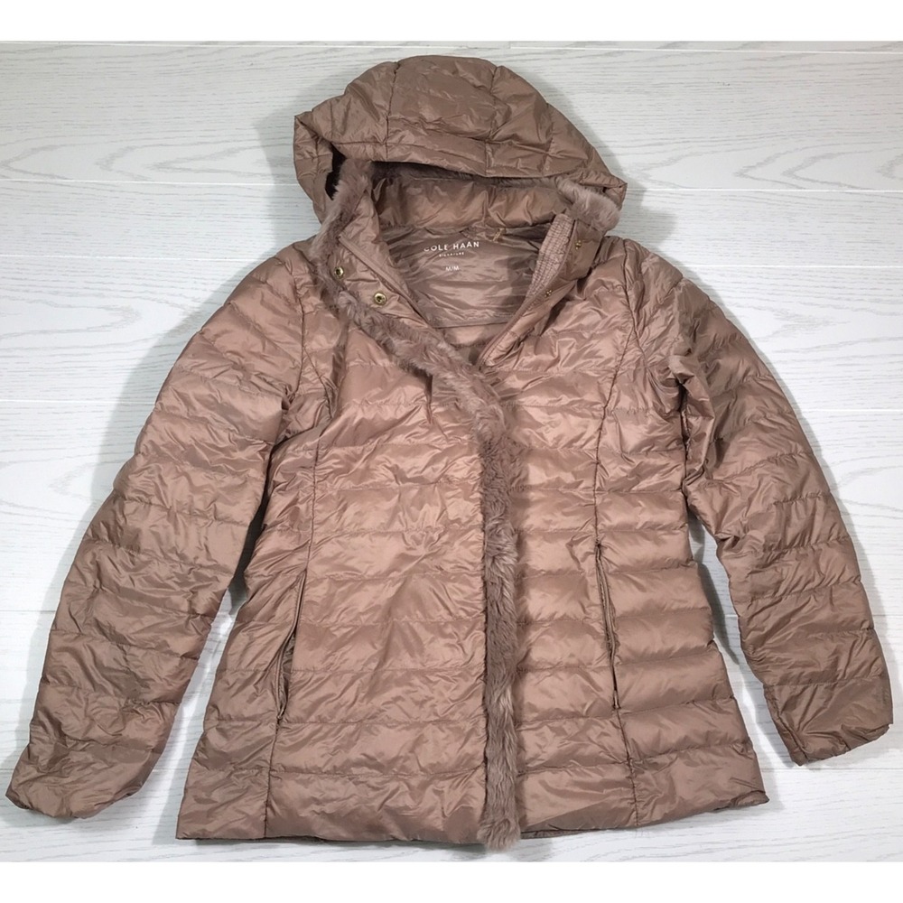 Cole Haan Down Puffer Parka Jacket Women Medium Pink Hooded Full Zip Lightweight